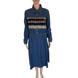 VTG 90s Willow Ridge Country Western Velvet Block Midi Denim Dress M Blue Cotton